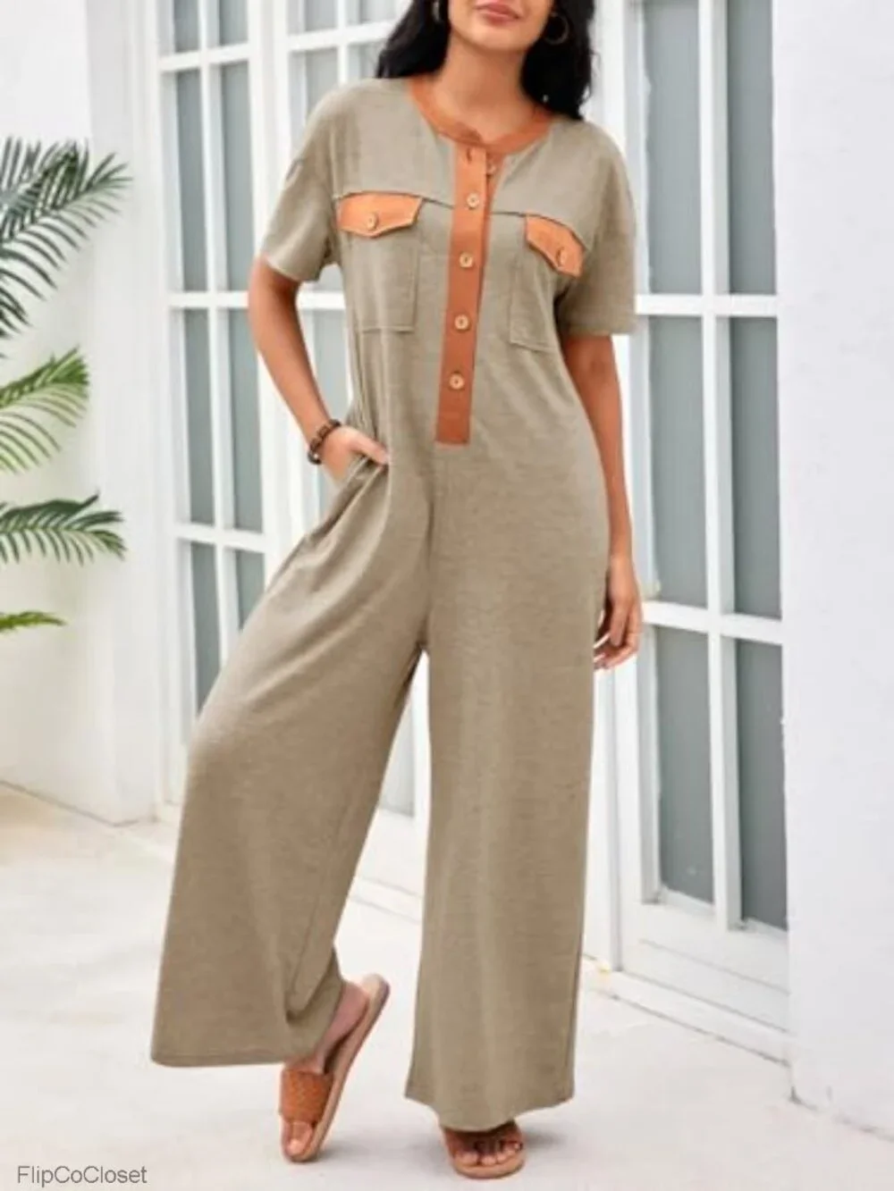 Women's Casual Loose Jumpsuit Short Sleeve V-Neck Button Down One Piece Wide